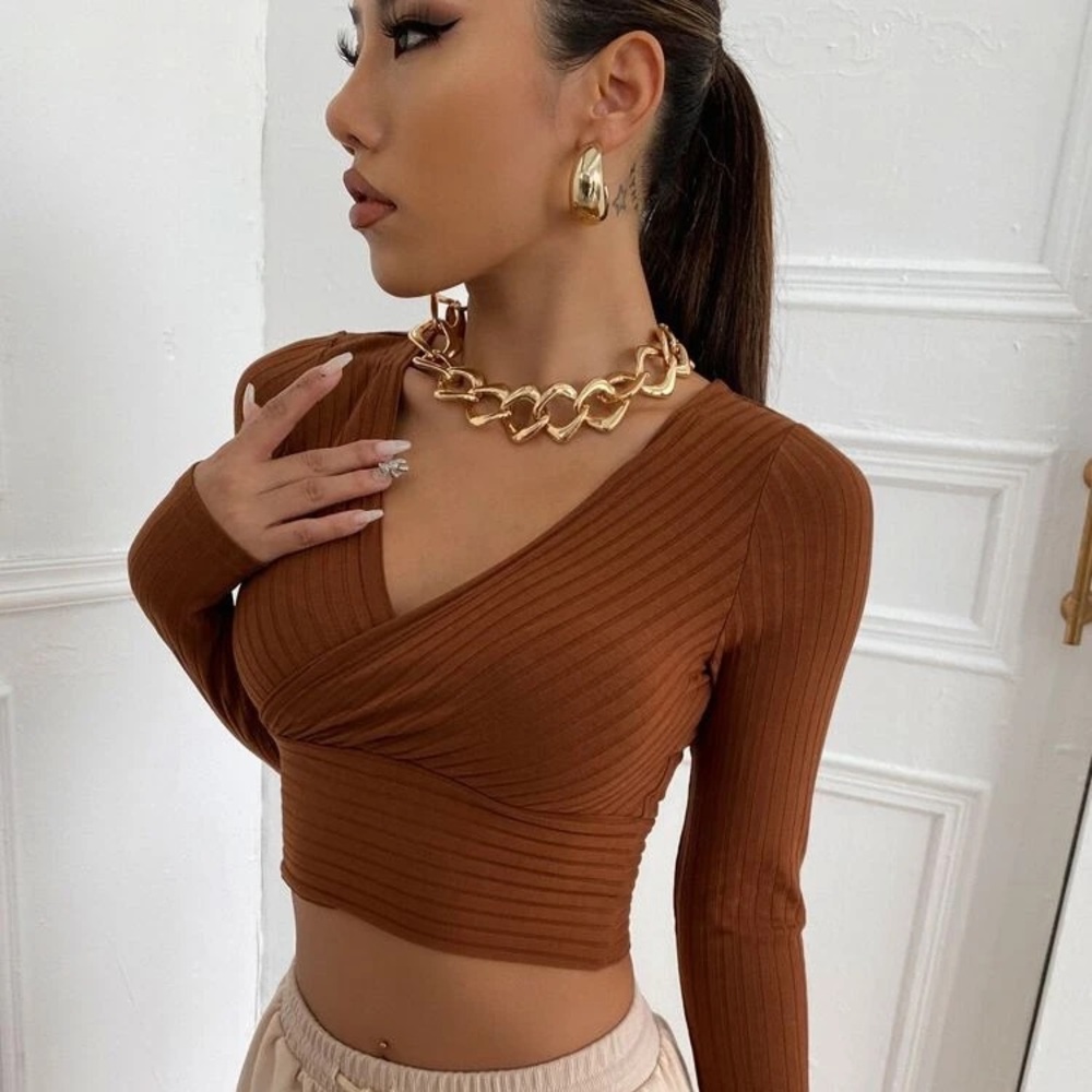 Brown Surplice Neck Rib-Knit Crop Tee